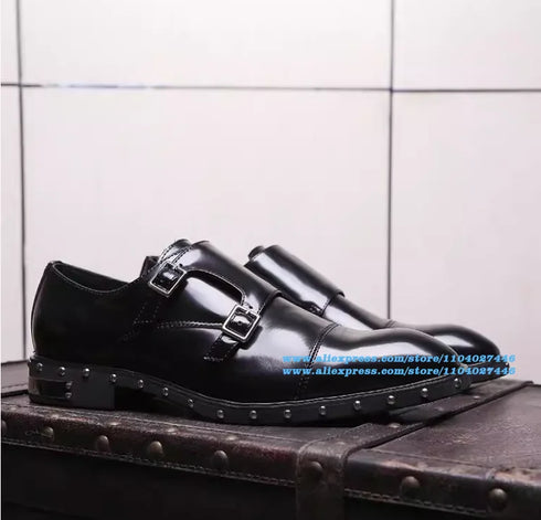 Double Buckles Rivets Derby Shoes Stylish Designer Dress Shoes Trendy Luxury Handmade Footwear for Men