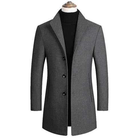 Customizable Casual Warm Winter Wool Coat for Men - Thick Solid Color Double Breasted Outerwear with Turn-down Collar and Full Sleeve Design