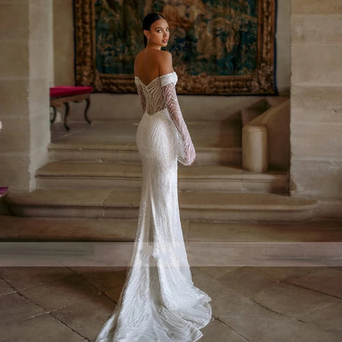 Modern Elegant Wedding Dresses Off The Shoulder Bridal Gowns With Detachable Train Lace Appliques