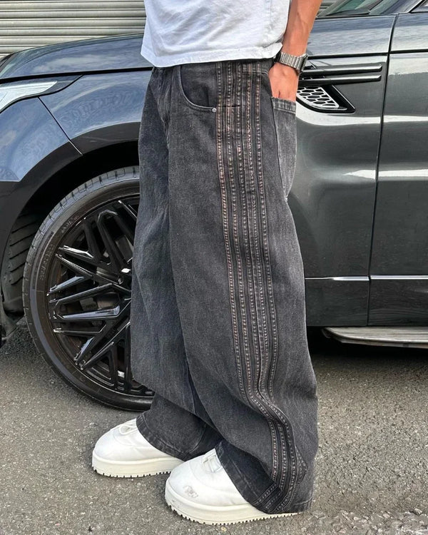 Harajuku Retro Simple Striped Embroidery Floor-Mopping Jeans Men's Street Trend Y2K Loose Straight Pants