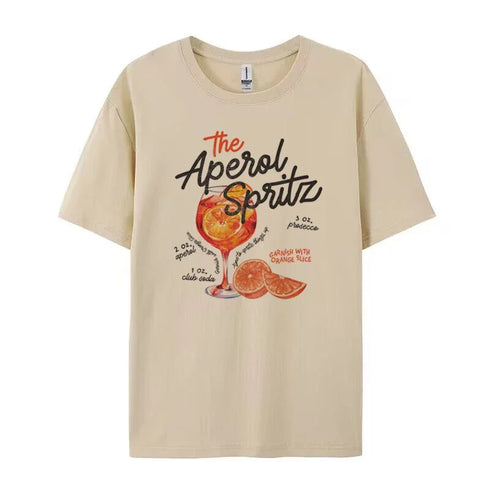 Aperol Spritz Retro Cocktail Graphic Tee Loose Cotton Printed T-Shirt Vintage Unisex Top