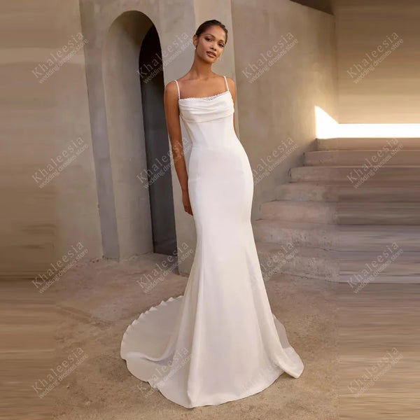 Backless Satin Bridal Gown Spaghetti Strap Floor-Length Wedding Dress For Formal Occasions