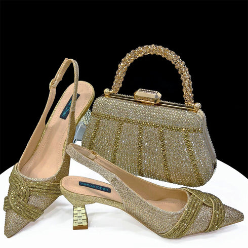 Italian Design Texture Shoes And Bags Rhinestones High Heels