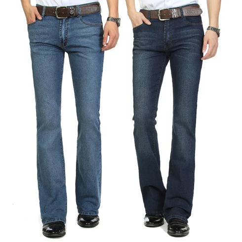Male Bell Bottom Denim Trousers Slim Black Boot Cut Jeans Casual Business Flares Pants