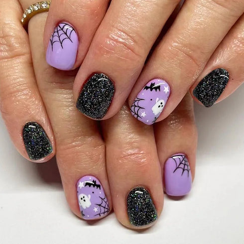 24pcs Halloween-Themed Short Square Press-On Nails with Fun Ghost, Bat, and Spider Web Designs - Perfect Fake Nail Set for Women and Girls