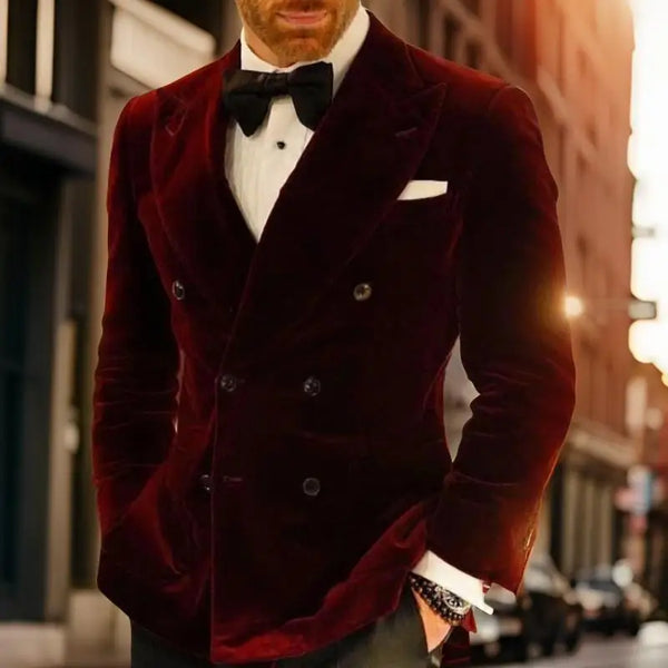 Elegant Slim Fit Men’s Velvet Smoking Tuxedo Blazer for Groom’s Wedding Party - Double Breasted Stylish Suit Jacket for All Seasons