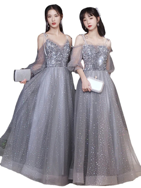 Off Shoulder Lace Illusion A Line Dress Floor Length Glitter Tulle Bow Bridesmaid Dress