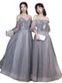 Off Shoulder Lace Illusion A Line Dress Floor Length Glitter Tulle Bow Bridesmaid Dress