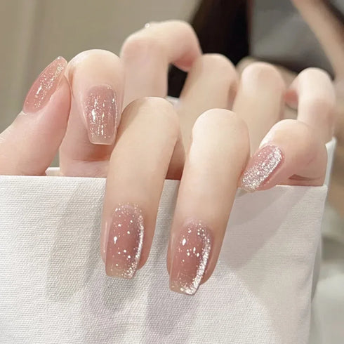 24Pcs Long Acrylic Ballet Fake Nails with Rhinestone Chain Design - Full Cover Press-On Nail Tips for Stylish Nail Art Enthusiasts