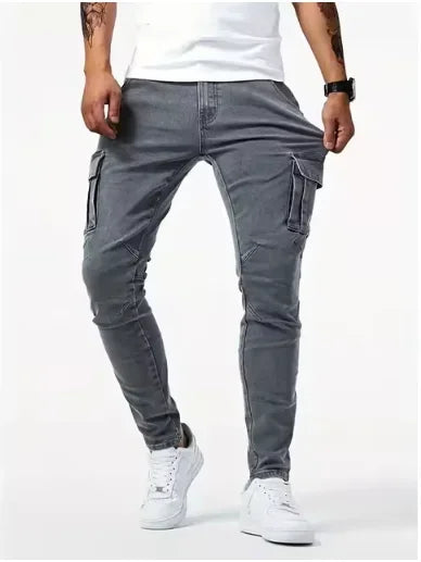 Elastic Denim Cargo Jeans For Men Slim Fit With Pockets Daily Wear