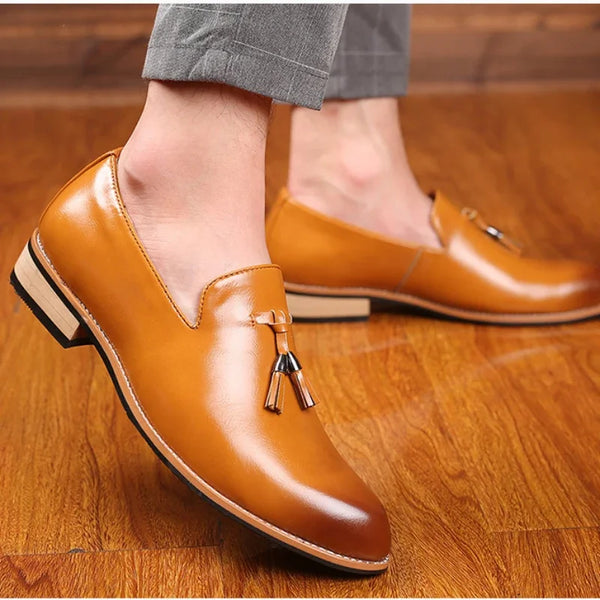 Elegant Pointed Toe Leather Oxfords for Men - Formal Office, Wedding, and Party Dress Shoes Featuring Comfortable Slip-On Design and Durable Rubber Outsole