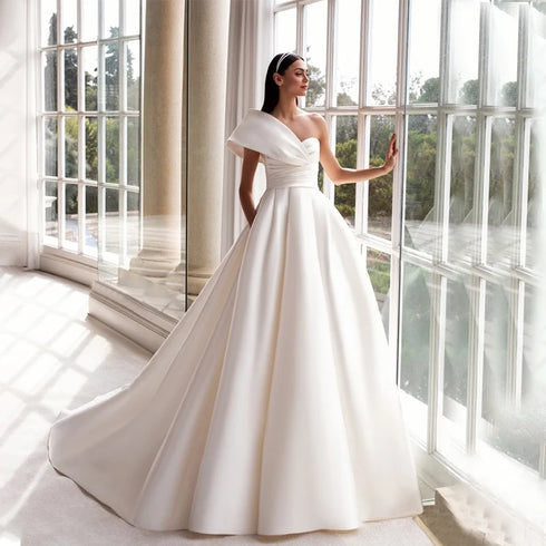 Modern One Shoulder Satin A-Line Wedding Dresses Gown