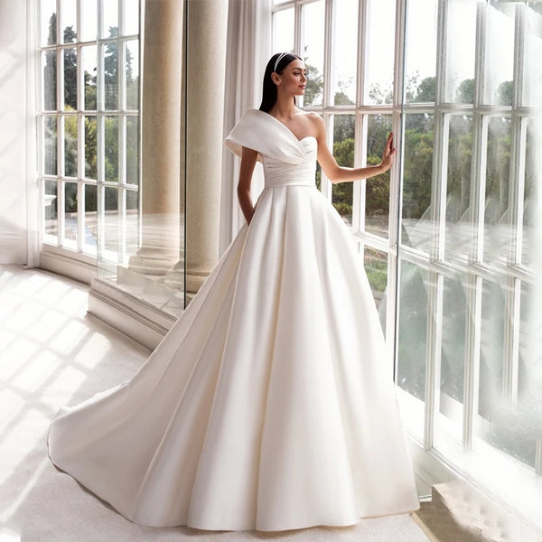 Modern One Shoulder Satin A-Line Wedding Dresses Gown