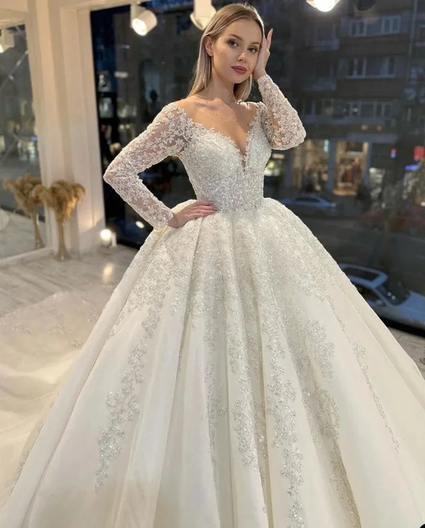 A-Line Wedding Dress With Sequins Appliques Lace Long Sleeves Sweep Train Gown Vintage Silhouette