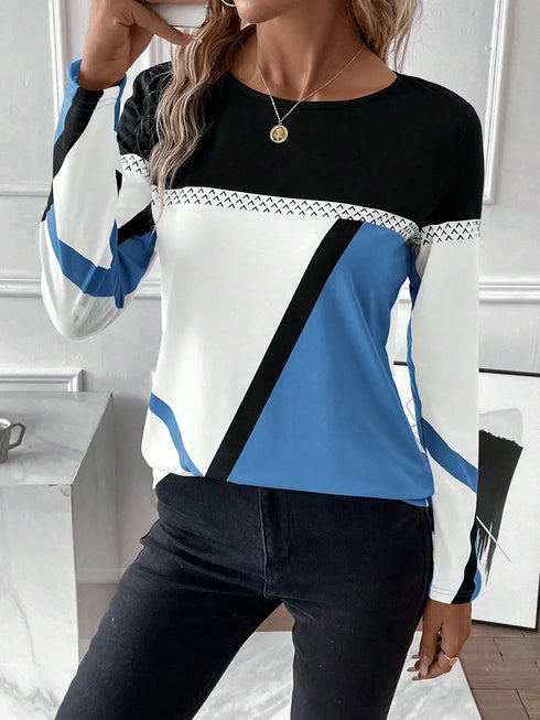 Casual Women's Geometric Print Long Sleeve T-Shirt Loose Fit O-Neck Tee