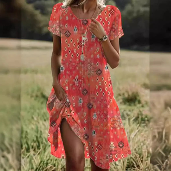 Women's Dresses Ethnic Short-sleeved O-neck Summer Fashion Midi Skirt