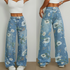 Baggy Denim Jeans Floral Print Harajuku Style Loose Wide Leg Trousers For Women Casual