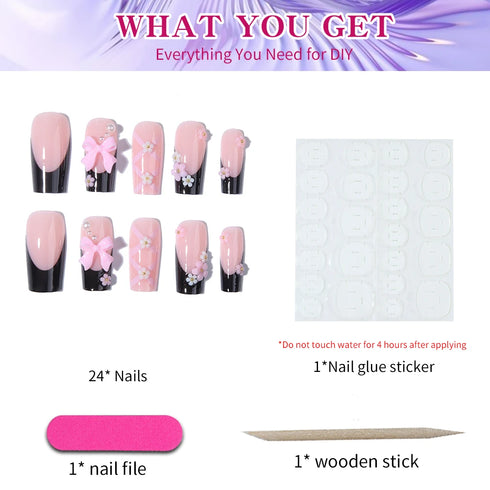 24pcs Reusable Press-On Nails with 3D Bow and Flower Design, Y2K Style Pink Square False Nails for Women and Girls - Short and Medium Length Options