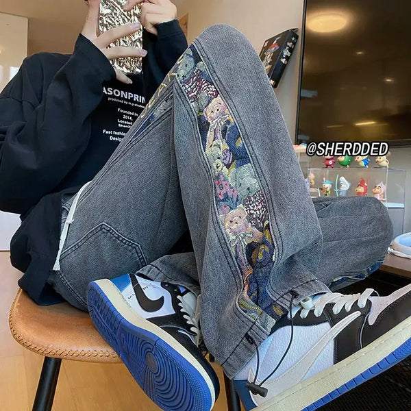 Embroidered Bear Jeans Men's Spring Fall Casual Pants