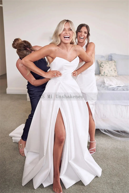 Chic Satin Wedding Dresses High Split Pleats Customized Gowns