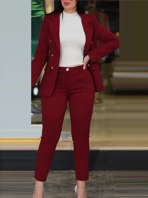 Chic Women's Long Sleeve Suit with Slim-Fit Wrap Buttock Pencil Pants – Elegant 2 Piece Office Ensemble for Autumn and Winter Fashion