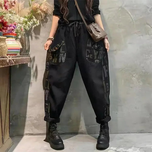 Harem Style Printed Jeans For Women Elastic Waist Denim Pants Casual Loose Relaxed Fit