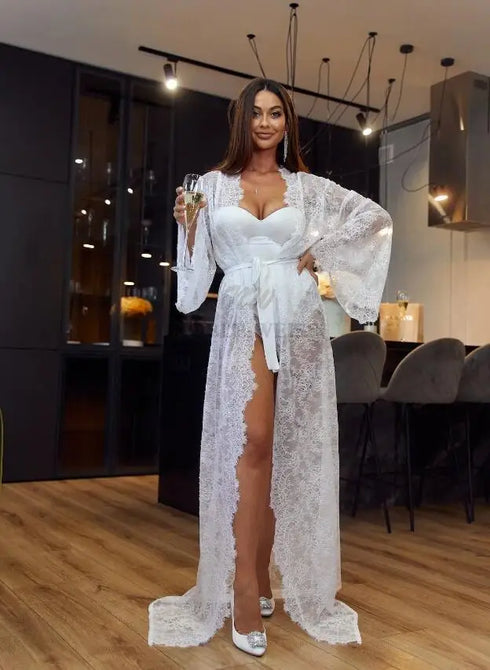 Lace Wedding Robe Floor Length Long Sleeve Bridal Gown For Honeymoon And Wedding Day