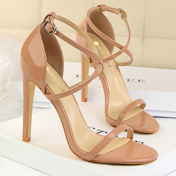 Open Toe Patent Leather Stiletto Heels for Women Parties