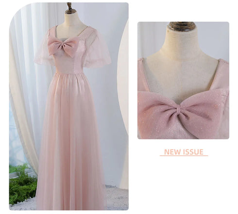 V-Neck Ruched Tulle A-Line Dress With Square Collar And Appliques And Bow Bridesmaid Dress