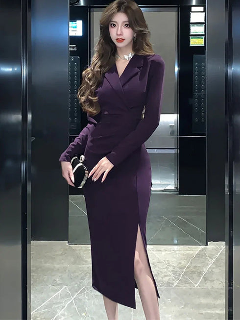 Purpled Elegant Pleated Bodycon Suit Dress for Women Chic Formal Dress