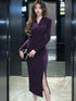 Purpled Elegant Pleated Bodycon Suit Dress for Women Chic Formal Dress