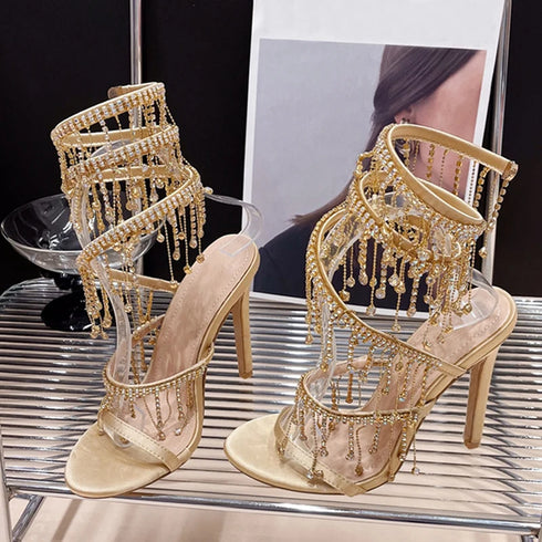 Elegant Crystal Tassel Stiletto Sandals Women Heels