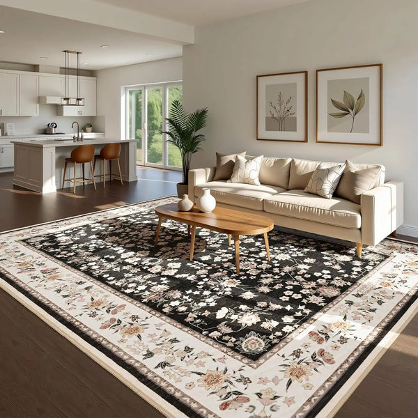 Washable Vintage Floral Print Area Rugs for Living Room Soft Low Pile Non Slip Carpet