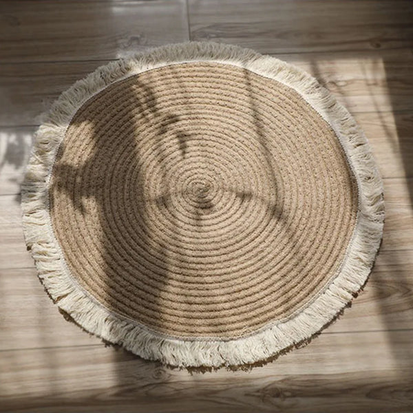 Handmade Jute Rattan Round Woven Rugs with Tassel for Vintage Home Decor Floor Mats