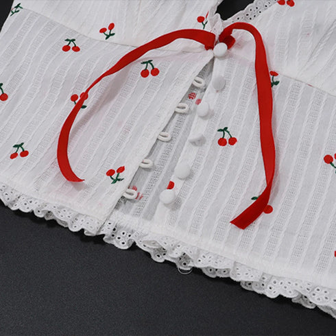 FZCSPEED Sleeveless Printed Halterneck V-neck Crop Top Backless Cherry Print Bow Slim Fit Crop Top