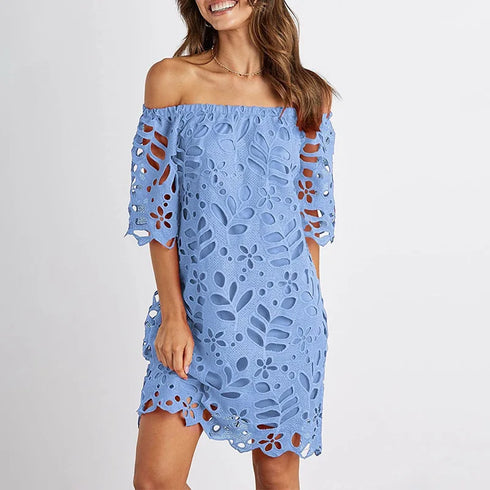 Summer Chic Off Shoulder Loose Dress Cute Sweet Style Girls Flower Lace Retro Vintage Cotton Blends Midi Dress