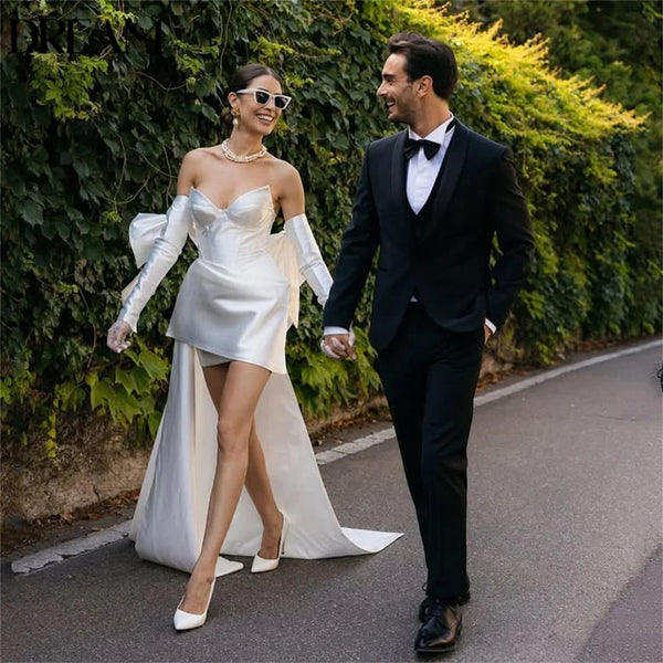 Backless Satin Short Wedding Dress With Bow And Pleats Sheath Silhouette Bridal Gown
