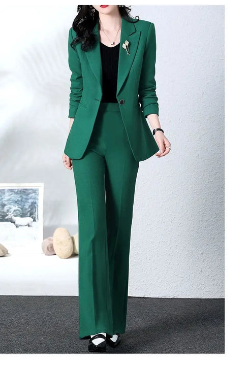 Elegant Women's Blazer Coat and Trousers Suit Set - Stylish Casual Outfit for Office and Autumn Wear with Flare Pants and Slim Fit Design