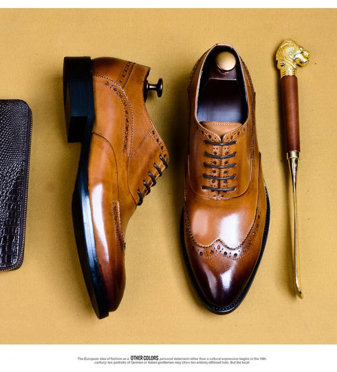 Genuine Cow Leather Brogue Oxford Shoes for Men Vintage Handmade Casual Flats