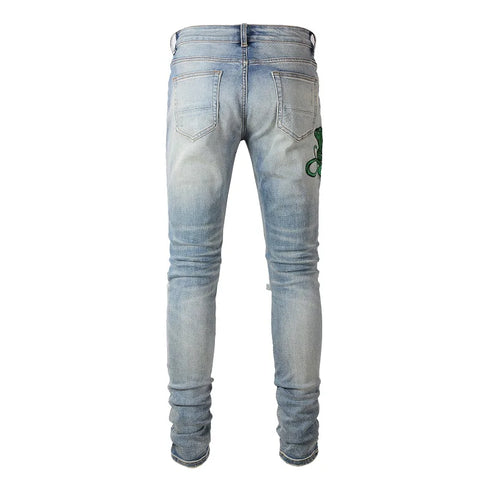 Men's Distressed Snake Embroidery Skinny Jeans with Leather Patch and Ripped Detail
