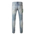 Men's Distressed Snake Embroidery Skinny Jeans with Leather Patch and Ripped Detail