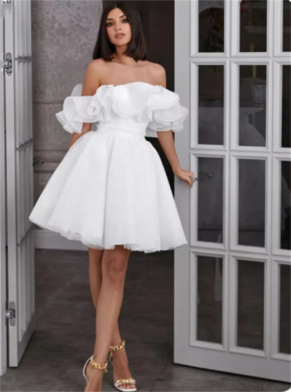 White Mini Wedding Dress For Bride Plus Size A Line Off Shoulder Ruffle Gowns
