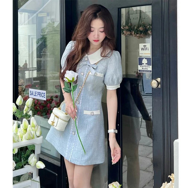 MEXZT Vintage Sweet Dress Women Elegant Bow A Line Mini Dresses Casual Chic Fashion
