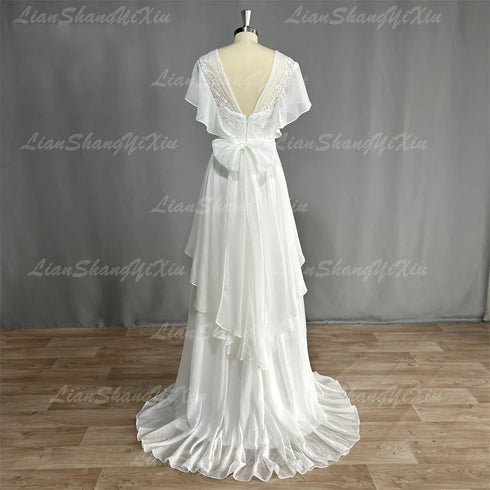Boho V Neck Wedding Dress Aline Backless Floor Length Chiffon Gown with Built In Bra Maternity Friendly