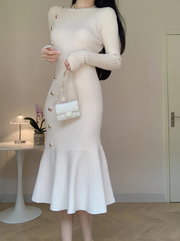 Korean Chic French Knitted Dress Women Long Sleeve Fishtail Bodycon