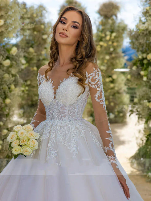 Customized Scoop Neck Ball Gown Wedding Dresses Backless Long Sleeve Beading Appliques Lace Court Train Bridal Dresses