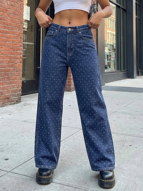 Baggy Dot Print Jeans For Women, Casual Wide Leg Denim Pants With Pockets, Low Rise Comfort Fit