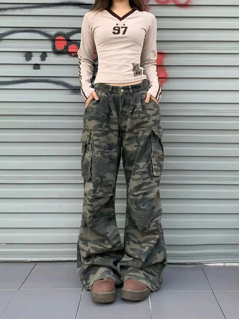 Women Y2K Camouflage Cargo Jeans Vintage High Waist Pants