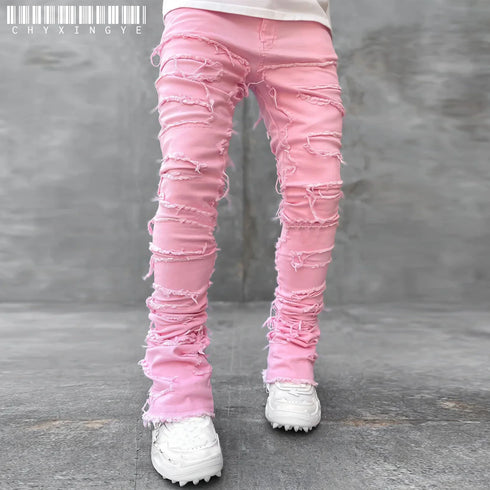 Men's Distressed Slim Fit Stacked Jeans with Ripped Design for Casual Streetwear