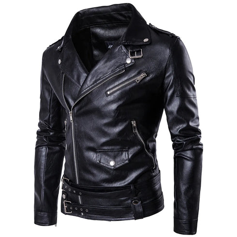 Men's Slim Fit Motorcycle Bomber Leather Jacket with Turn Down Collar and Zipper Pockets for Autumn and Winter Styling